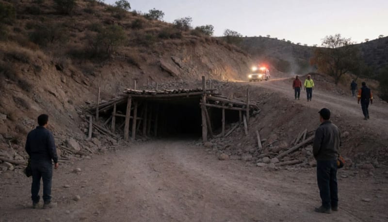 Zona minera en una ladera al atardecer con luces de rescate a lo lejos