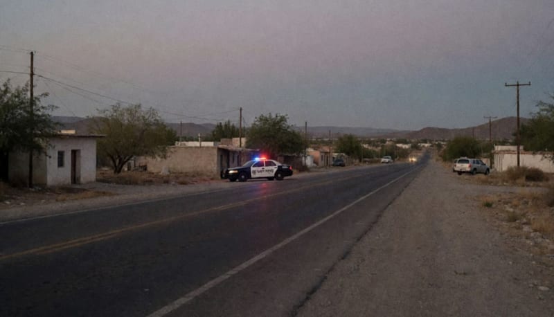 Carretera rural del estado al atardecer con iluminación de patrulla estacionada en la zona