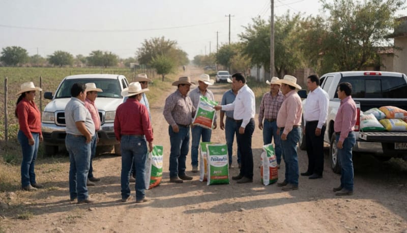 Productores recibiendo fertilizante y maíz rolado en una propiedad rural, con funcionarios y vehículos de transporte de fondo