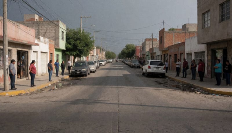 Calle inundada con agua contaminada en una avenida residencial de la ciudad, vecinos observando desde las banquetas