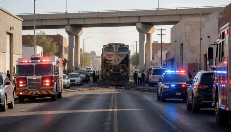 Tren descarrilado sobre las vías con luces de emergencia rojas y azules iluminando la escena en el centro de El Paso