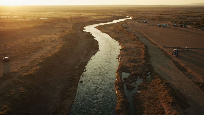 Canal de riego en zona agrícola con presencia de autoridades en el terreno al atardecer
