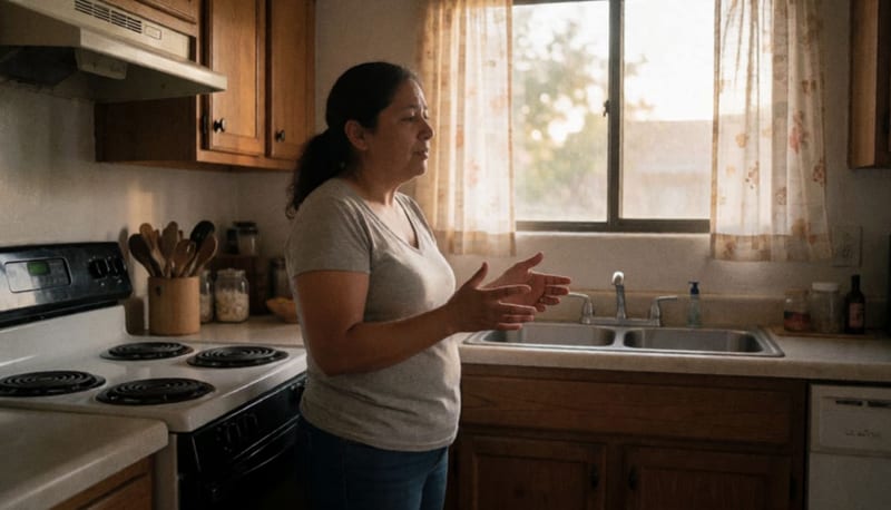 Mujer en una cocina de hogar mexicano con tareas domésticas alrededor