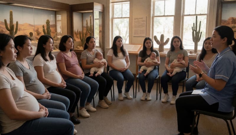 Madres y mujeres embarazadas en un taller de capacitación sobre lactancia materna en un museo local
