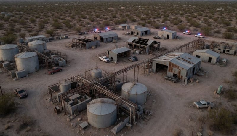 Instalaciones industriales clandestinas en el desierto de Chihuahua con tanques de almacenamiento y estructuras metálicas decomisadas