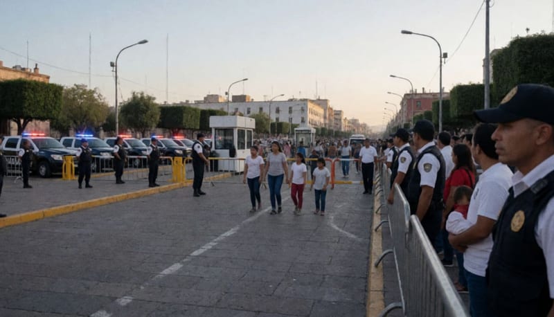 Agentes de seguridad vigilando accesos a una plaza en el centro de la ciudad durante operativo de Fiestas Patrias