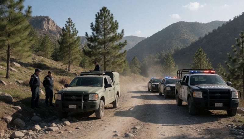 Vehículos de seguridad estacionados en un camino serrano de montaña con paisaje rocoso al fondo