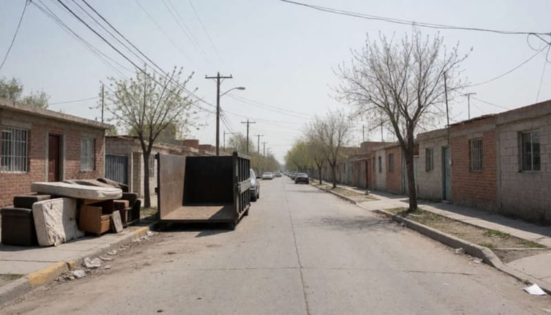 Contenedor metálico abierto en la banqueta de una calle residencial con muebles viejos apilados junto a él