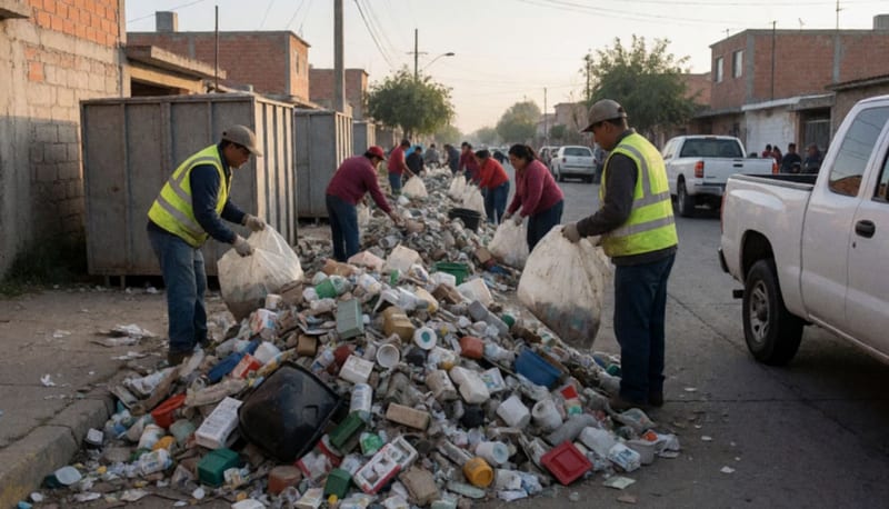 Trabajadores municipales organizando desechos y tiliches en un punto de acopio de una colonia chihuahuense