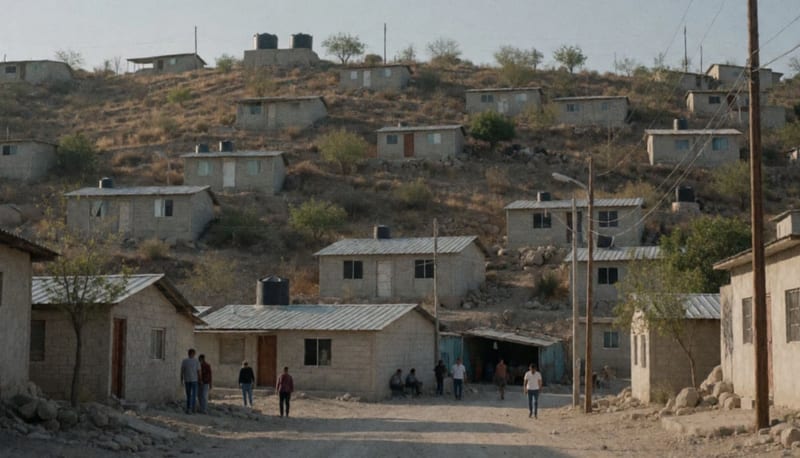 Casas dispersas en terreno elevado de una comunidad rural con tanques de almacenamiento de agua