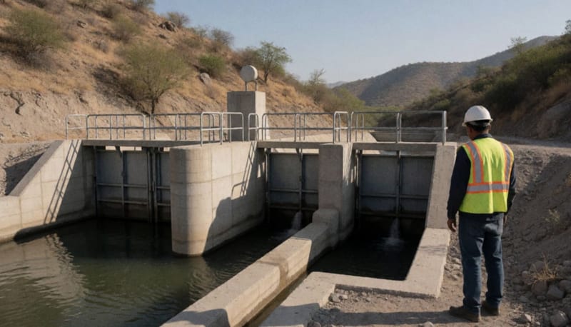 Trabajador inspeccionando una compuerta de presa en la región desértica de Chihuahua