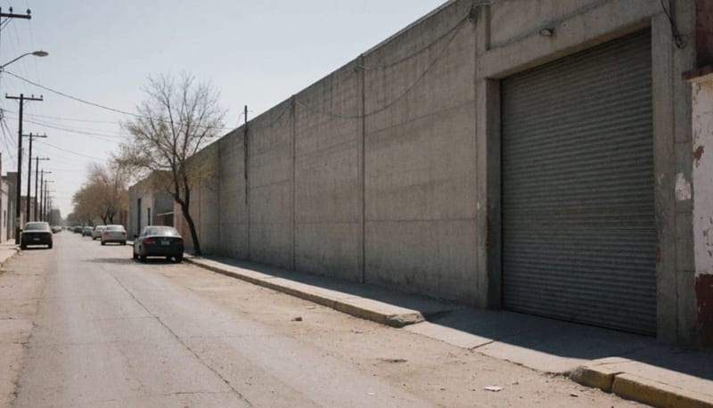 Calle lateral vacía con una bodega industrial de portón metálico cerrado bajo el sol del mediodía