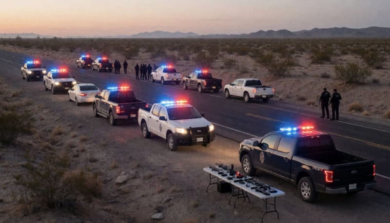 Operativo policial en una carretera desértica con vehículos incautados y equipo de seguridad al atardecer