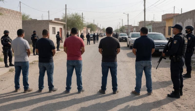 Operativo de seguridad en una calle residencial del centro de Chihuahua durante una diligencia de cateo
