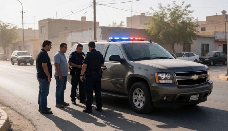Oficiales realizan inspección de una camioneta en una calle de la ciudad durante un operativo policial