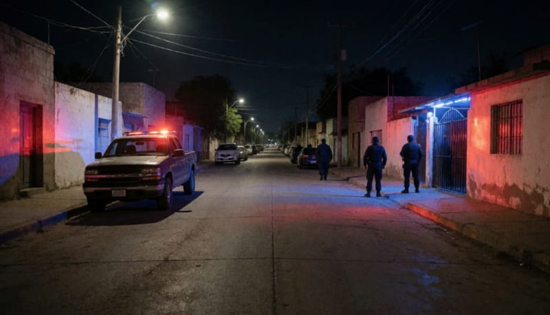 Calle residencial de noche con una camioneta estacionada y siluetas lejanas de agentes bañadas por luces rojas y azules
