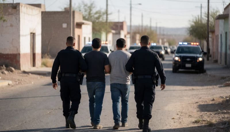 Elementos de seguridad custodiando a dos individuos en una calle del municipio durante operativo de detención
