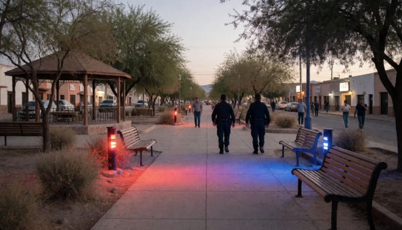 Plaza de un pueblo del desierto al anochecer con luces rojas y azules sobre el pavimento y policías lejanos de espaldas