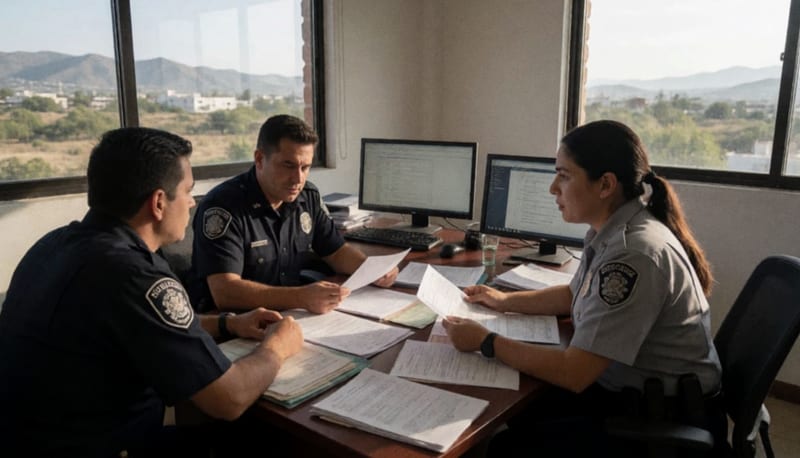 Oficiales revisando documentos financieros en una oficina con vista al paisaje desértico del norte de México