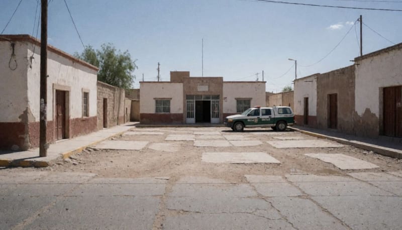 Plaza de un edificio municipal en un pueblo chihuahuense con calles en mal estado al frente