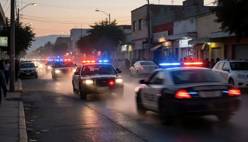 Persecución policiaca en calles de Ciudad Juárez con luces azules y rojas iluminando la escena
