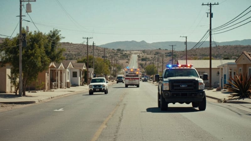 Ambulancia con luces de emergencia en una calle residencial del desierto chihuahuense
