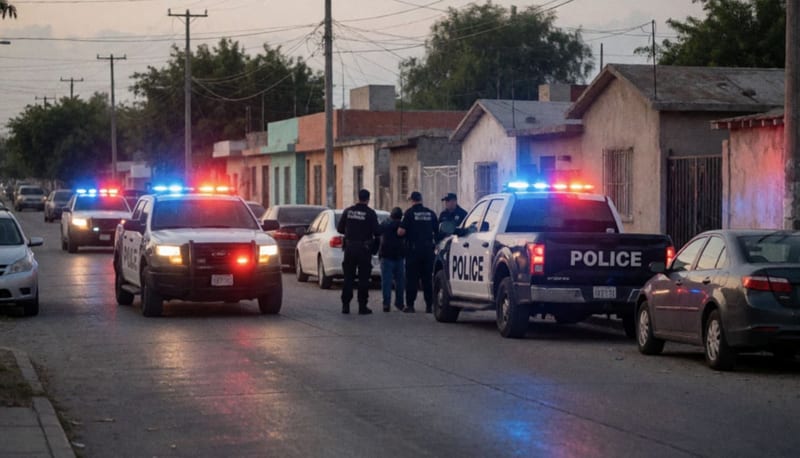 Patrullas con luces activadas en una calle residencial durante un operativo de detención