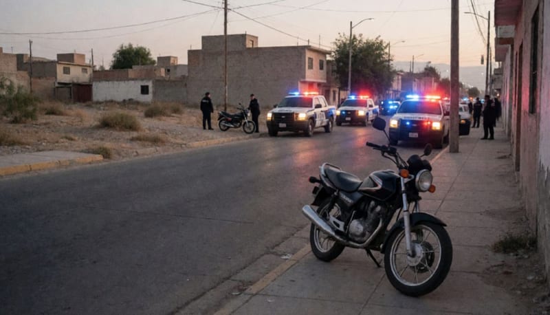 Escena nocturna de una calle residencial con luces de patrullas azules y rojas iluminando una motocicleta asegurada