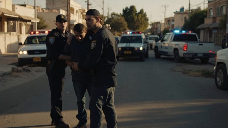 Agentes de policía realizando un operativo en una calle de la capital chihuahuense al atardecer