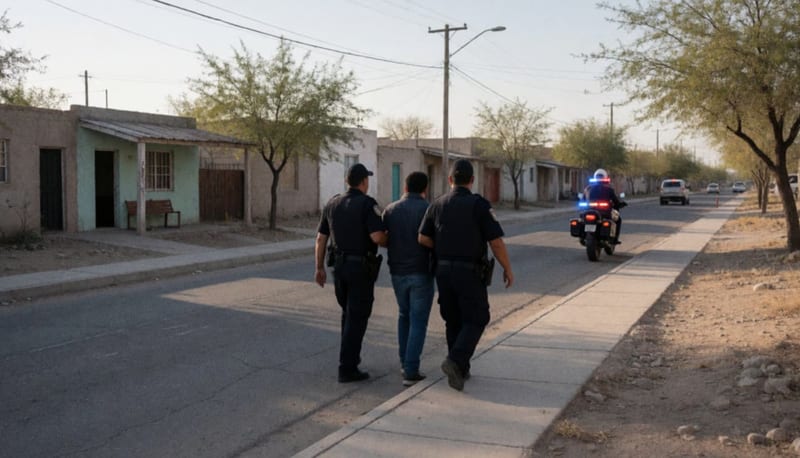 Elemento de seguridad operativo en calles de la colonia El Mimbre durante un operativo policial matutino
