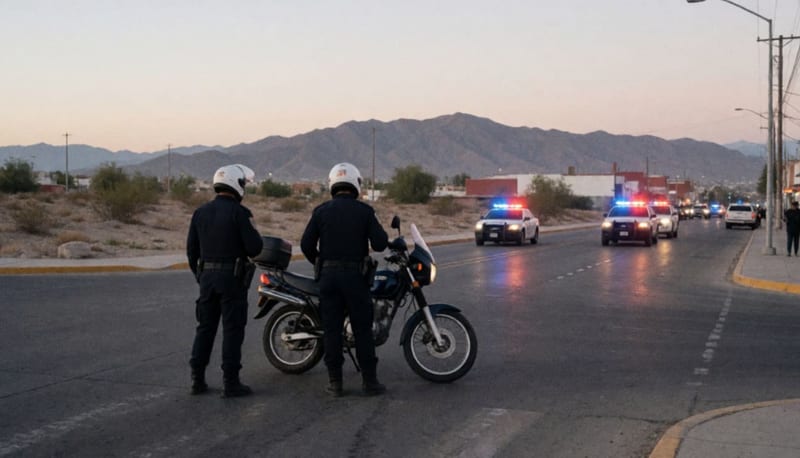 Motocicleta detenida en una intersección de Parral tras operativo policial, con vehículos de seguridad de fondo