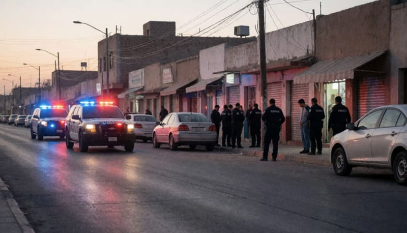 Elementos policiales deteniendo a un sospechoso durante un operativo en una calle de Delicias al amanecer