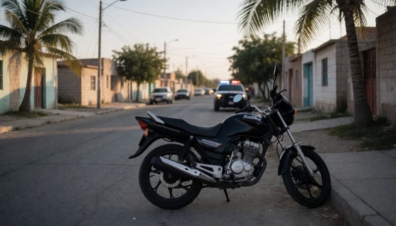 Motocicleta negra estacionada en una calle residencial de Parral con luces policiales al fondo