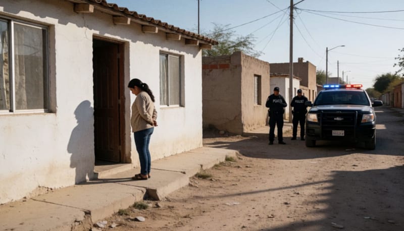 Calle residencial en un pueblo del norte con una vivienda de muros blancos y patrulla de fondo