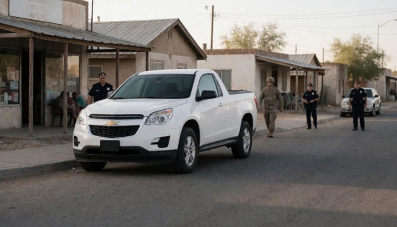 Camioneta blanca estacionada en una calle de la colonia mientras oficiales revisan el área