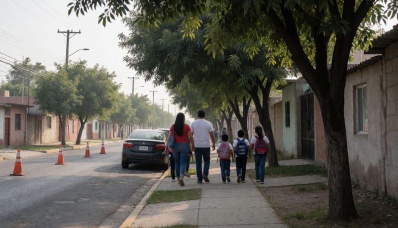 Padres y niños caminan de espaldas por una banqueta arbolada de una colonia, con un auto oscuro estacionado a lo lejos