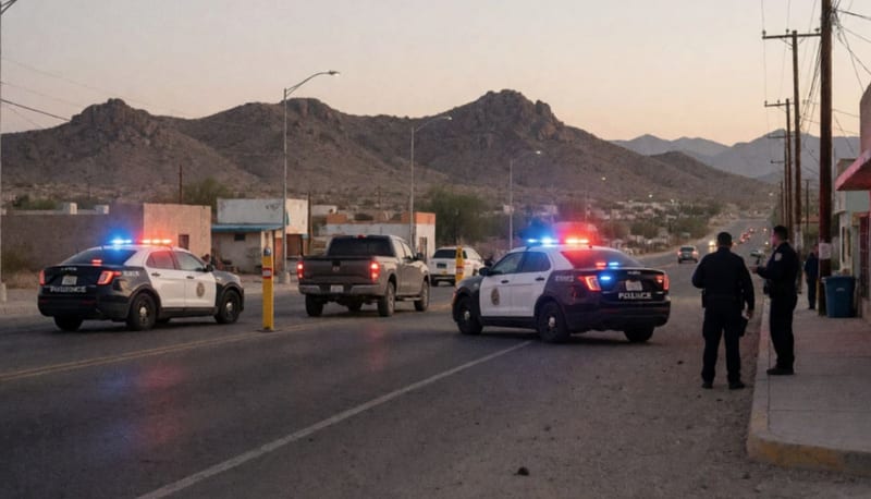 Retén policial en la carretera del desierto chihuahuense con luces de emergencia reflejadas en el polvo