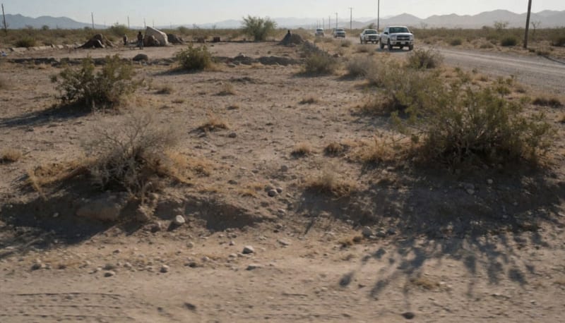 Terreno árido y polvoriento en una zona rural del norte de Chihuahua con camionetas estacionadas a distancia