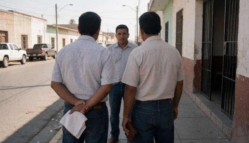 Tres hombres conversan de cerca sobre una banqueta soleada, uno con un pañuelo blanco en la mano, vistos desde atrás