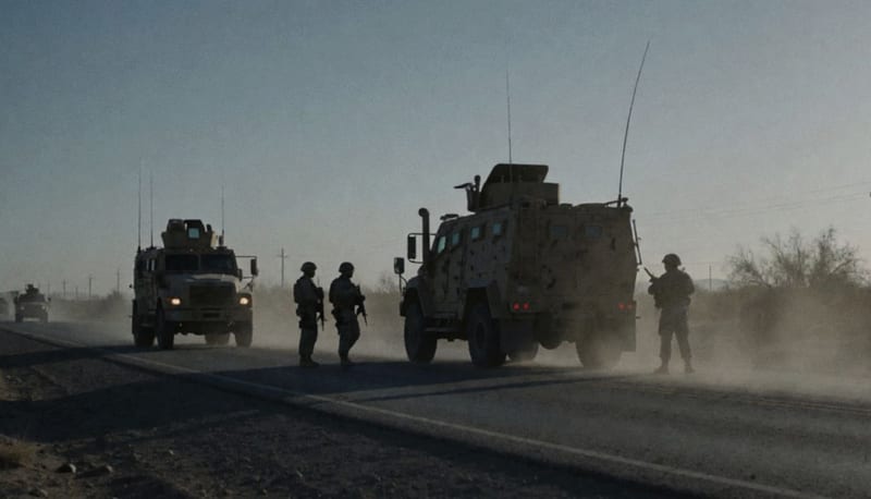 Operativo militar y de la Guardia Nacional en una carretera del norte de Chihuahua al amanecer