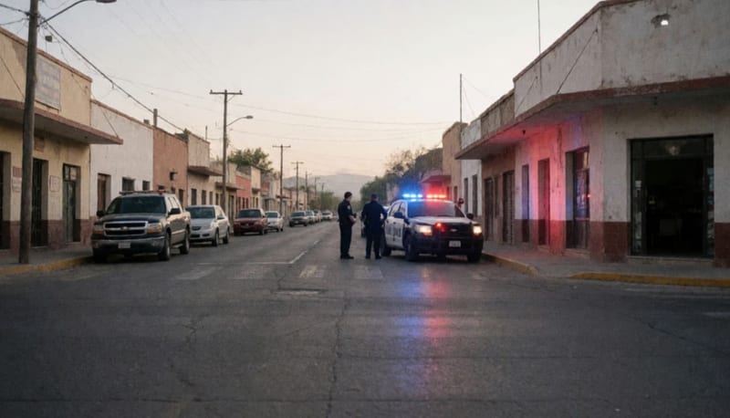Patrulla estacionada en una intersección del centro de una ciudad desértica del norte de México al atardecer