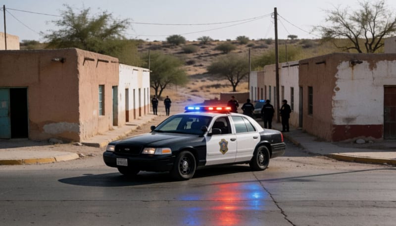 Patrulla policial con luces encendidas en una calle del municipio de Meoqui