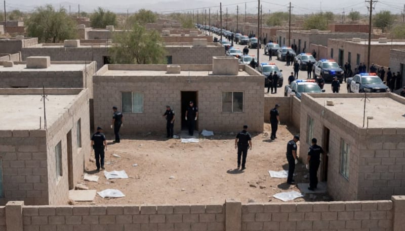 Operativo policial en una colonia del desierto chihuahuense con patrullas y luces encendidas