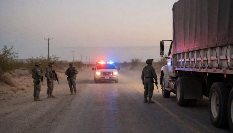Retén militar en una carretera desértica con luces de emergencia iluminando un tráiler bajo revisión