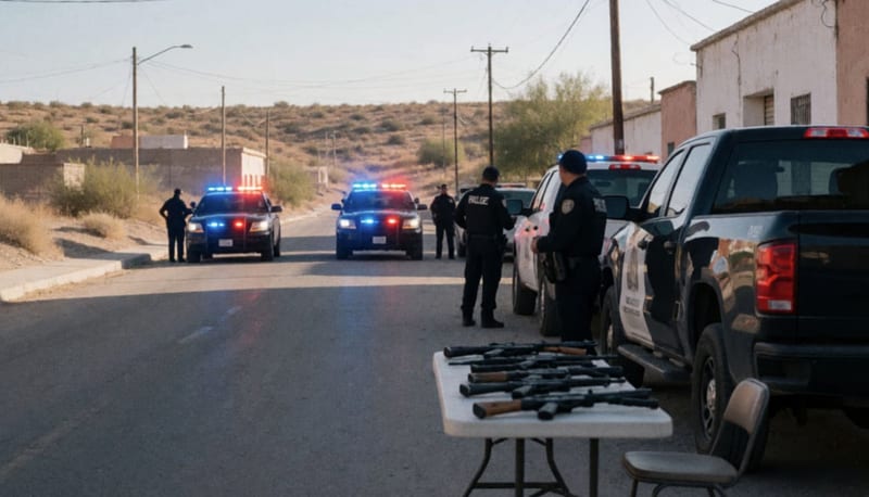 Operativo de seguridad en Ojinaga con camionetas incautadas y armas aseguradas sobre una mesa