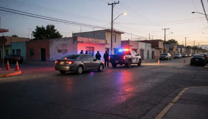 Cruce de calles al anochecer con vehículos detenidos y luces rojas y azules sobre el pavimento, con figuras a lo lejos