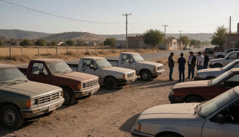 Camionetas y autos usados estacionados en un terreno de tierra junto a un camino rural, con personas conversando a lo lejos