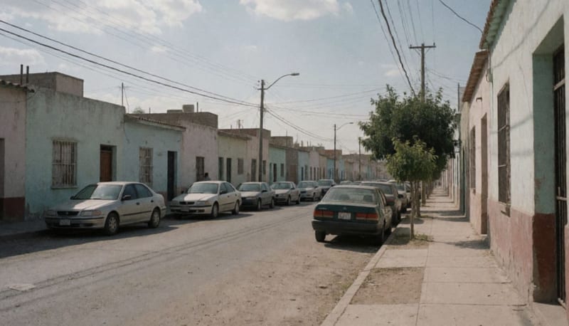 Calle tranquila de una colonia de la ciudad de Chihuahua vista de día desde la acera de enfrente