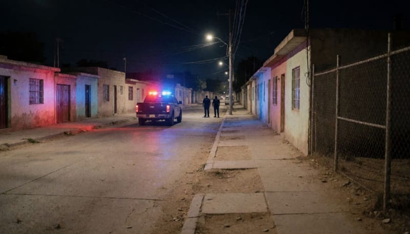Esquina residencial de noche con luces rojas y azules sobre el pavimento y dos policías lejanos vistos de espaldas
