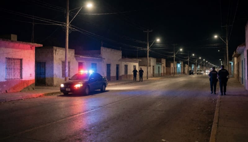 Cruce nocturno de una ciudad con un auto detenido y luces rojas y azules iluminando el pavimento